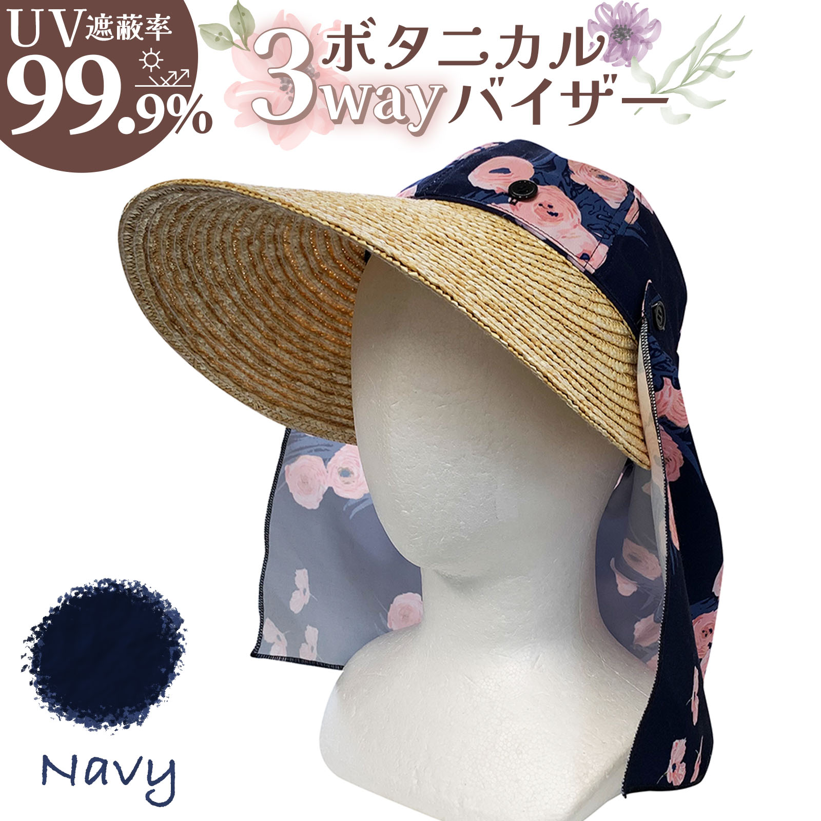 ボタニカル3WAYバイザー 麦わら素材のタレ付きバイザー ネイビー/イエロー