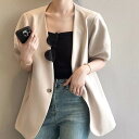 【送料無料】ワイド ノーカラー 襟なし Vネック パフスリーブ 半袖 ノーカラージャケット 前開き 羽織 上着 アウター スーツ ジャケット