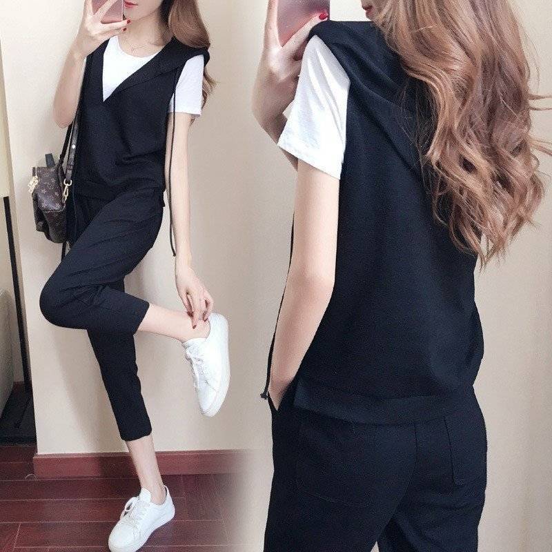 【送料無料】フード付きベスト 七分丈パンツ 半袖tシャツ 3点セット スポーツウェア スウェットセット 春夏 レディース セットアップ 2021