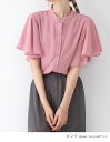 【送料無料】ギフト 母の日 ふんわり袖 バンドカラーブラウス シフォン シャツ バンドカラー ブラウス シフォン 半袖 フリル袖 レディース