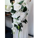 【送料無料】格調高い 白バラ キャスケード ブーケ 結婚式 ウエディングブーケ グリーン 造花 シルクフラワー ガール 花束 フラワー ギフト インテリア おじ...