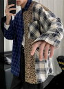 ヒョウ柄切り替えチェックシャツ ストリートファッション アシンメトリー