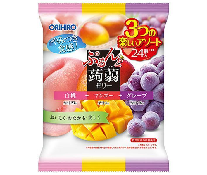 オリヒロ ぷるんと蒟蒻ゼリー 白桃+マンゴー+グレープ 480g(20gパウチ×24個)×12袋入×(2ケース)| 送料無料 お菓子 こんにゃくゼリー ダイエット アソート