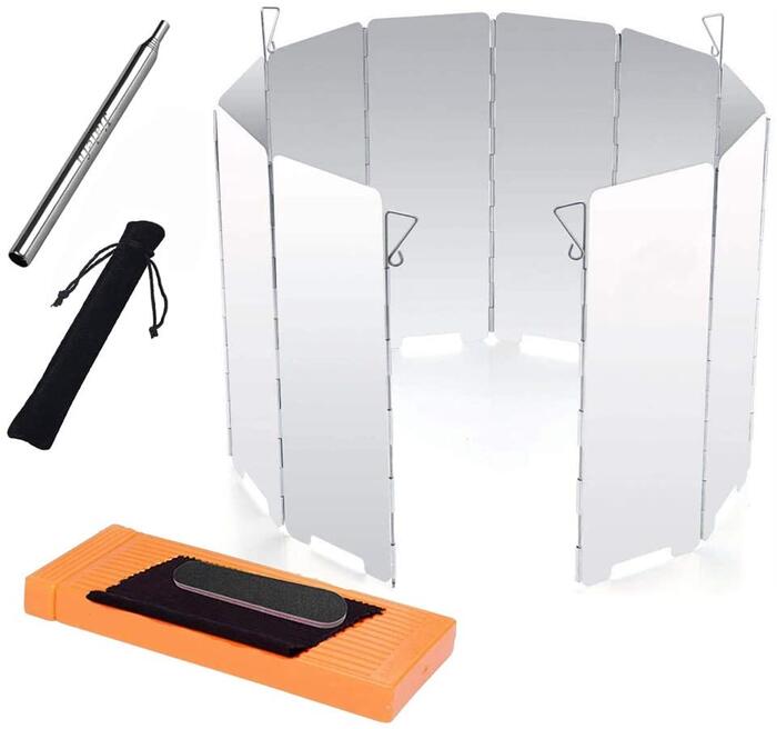 風除板 ウインドスクリーン 風除け 風除け板 折り畳み式 アルミ製 10枚パネル ペグ4本 軽量 防風板+火吹き棒 ふいご キャンプ バーベキュー BBQ コンロ用