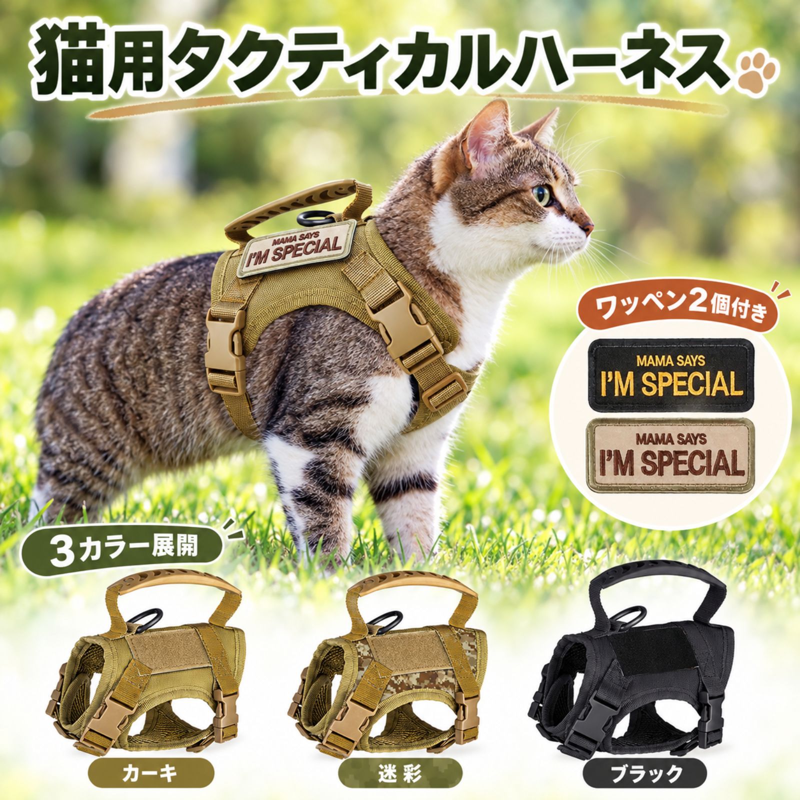 背面ハンドル付き、胸まわりで支える猫用タクティカルハーネス 愛猫とのお散歩やお出かけに。胸まわりで支えるベスト型のハーネスに、背面ハンドルとリード取り付け用のDカンを備えています。首周り・胴周りはバックルで調節でき、内側はメッシュ素材。ワッペン用の面ファスナーに付け替えられる刺繍ワッペンが2枚付いています。 ■商品仕様セット内容：ハーネス本体×1、刺繍ワッペン×2（ブラック・ベージュ）カラー：カーキ／迷彩／ブラックサイズ：フリーサイズ（首周り約24〜54cm／胴周り約35〜51cm・バックルで調節）素材：ポリエステル（内側メッシュ）仕様：背面ハンドル、リード取り付け用Dカン、ワッペン用面ファスナー、サイズ調節バックルリード：付属しません（Dカンにお手持ちのリードを取り付けてください） ■ご注意・ご購入前に必ず愛猫の首周り・胴周りを測ってください。首周りは首の付け根あたり、胴周りは前脚のすぐ後ろの最も太い部分を一周測ります。・ご使用前にバックルがしっかり留まっているか、ベルトがゆるすぎないかを確認してください。抜けや外れが起きないことを保証するものではありません。・ハンドルは愛猫の動きを支えるためのものです。ハンドルだけで長時間持ち上げないでください。・初めて着ける時はおうちで慣らしてから、お出かけにお使いください。・画像は使用イメージです。商品の色味はモニター環境等により実物と異なって見える場合があります。猫ちゃんのおでかけに、もう1つ 歩くときはハーネス、だっこはスリング 猫用 顔出しスリング（通院・防災に） タクティカルハーネス（このページの商品） ＞ ペットとおでかけ総合ガイドを見る