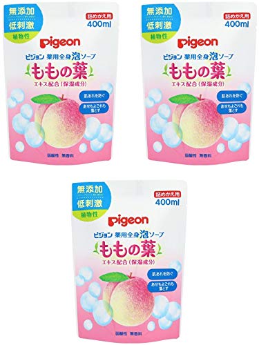 -/400ミリリットル (x 3)/-・パッケージ個数:3保湿成分ももの葉エキスを配合した、植物性の薬用全身泡ソープ。 ふんわりやさしい泡で肌荒れを防ぎ、あせもよごれもすっきり洗い流します。 有効成分（グリチルレチン酸2K）が、肌荒れを防ぎます。 お肌にうるおいを与える保湿成分として、ももの葉エキスを配合。 赤ちゃんのお肌に合わせた弱酸性なので、お肌に必要な皮脂を取りすぎず、すこやかに洗い上げます。 泡立てる必要がない泡で出てくる全身ボディーソープなので、赤ちゃんを抱っこしたまま片手で洗うことができます。 お得な詰かえ用。 無添加（パラベン、アルコール、香料、着色料）・低刺激