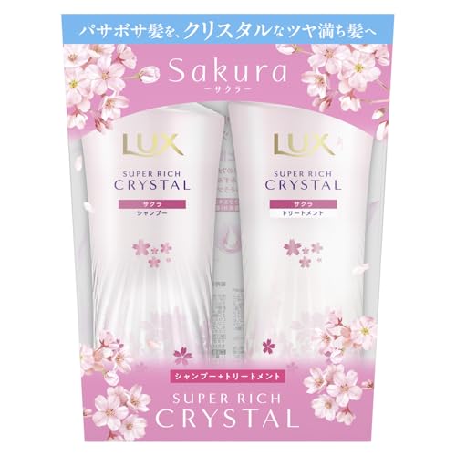 ピンク/-/-・??ラックススーパーリッチクリスタルからサクラシリーズが新登場・??やさしく、ふんわりと広がるサクラの香り・??パサボサ髪を、クリスタルなツヤ満ち髪へ・??あなたの悩みや不満の根本的原因。それは髪の「7大ダメージ」・??7つの蓄積ダメージ*を集中補修。 * UV、熱、乾燥、パーマ、ブリーチ、カラー、摩擦商品紹介 ??ラックススーパーリッチクリスタルからサクラシリーズが新登場 ??やさしく、ふんわりと広がるサクラの香り ??パサボサ髪を、クリスタルなツヤ満ち髪へ ??あなたの悩みや不満の根本的原因。それは髪の「7大ダメージ」 ??7つの蓄積ダメージ*を集中補修。 ??7大ダメージ集中補修を叶えるラックスの先端技術。 * UV、熱、乾燥、パーマ、ブリーチ、カラー、摩擦 使用方法 シャンプー：適量をとり、頭頂部に向けて指のはらで優しくマッサージしながらシャンプーしてください。 トリートメント：シャンプー後、適量をとり、毛先から髪全体になじませたあとすすぎ流してください。 ＊液が出にくいときは、容器下部を横から軽くたたいてください。 安全警告 ●頭皮に傷・はれもの・湿疹等、異常があるときは使用しない。 ●刺激等の異常が現れたときは、使用を中止し、皮ふ科医等に相談する。 ●目に入ったときは、すぐに洗い流す。 ●極端に高温・低温になる場所や直射日光のあたる場所には置かない。 保管条件によって製品の色が変わることがありますが、品質には問題ありません。