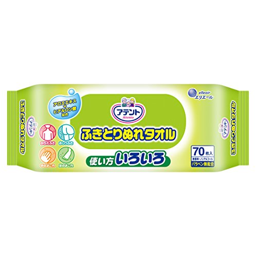 なし/通常用/-・パッケージ個数:1・使い方いろいろ・(b)原産国 :(/b) 日本・(b)内容量 :(/b) 70枚入・(b)アパレルサイズ (対応サイズ) :(/b) 220×200mm商品紹介 商品紹介 「アテント 使い方いろいろ ふきとりぬれタオル 70枚入」は、手・体・おしり・身のまわりなど幅広く使えて便利なぬれタオルです。アロエエキス、ヒアルロン酸によるW保湿。パラベン無配合。 原材料・成分 原材料・成分 水、PG、BG、アロエエキス、ヒアルロン酸Na、フェノキシエタノール、安息香酸Na、クエン酸、クエン酸Na
