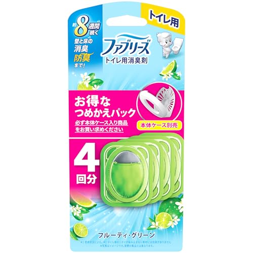 レッド/詰替4個/-・パッケージ個数:1・生まれ変わった。つめかえタイプ・「ファブリーズ トイレ用消臭剤」は、トイレ内の空気を継続的に消臭するだけでなく、壁や天井を防臭コートすることで、嫌なニオイが付着するのを防ぎます。・置くだけ爽やか8週間（使用状況による）・トイレ内のわずかな気流を利用して消臭成分を拡散・ニオイが発生するたび、成分が反応して自動で消臭商品紹介 お得なつめかえパック4回分　必ず本体ケース入り商品をお買い求めください 約8週間*1 続く壁と床*2 の消臭防臭まで 生まれかわったつめかえタイプ フルーティ・グリーンの香り *1 使用状況による。*2 タイル等のニオイが染み込まない素材には効果がありません ファブリーズ 消臭芳香剤 トイレ用 フルーティ・グリーンの香り 詰め替えパック 原材料・成分 香料、色素