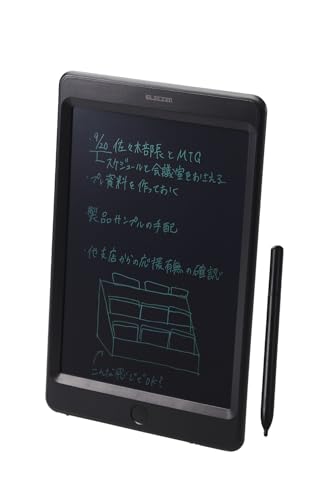ブラック/横22 cm x 高さ22 cm/EP-08BK-AZ・Size:横22 cm x 高さ22 cm・パッケージ個数:1・書いて消して繰り返し使える、8.5インチのデジタルメモパッドです。B5ノートとほぼ同じ大きさでデスクの脇に置いたり、バッグに入れて持ち運んだりできるコンパクトサイズ。はめ込みタイプの筐体設計と強度の高いフィルムで、耐久性に優れた長く使える本体構造です。付属の専用タッチペンは持ちやすい丸型形状で、ペン先は細く、細かい字もなめらかに書けます。・B5ノートとほぼ同じ大きさでデスクの脇に置いたり、バッグに入れて持ち運んだりできるコンパクトサイズです。・ワンタッチで画面消去が可能。本体中央のボタンを押すだけで、書いたものを簡単に消せます。・スライド式のロック機能が搭載されているので、ボタンをスライドするだけで大切な情報をうっかり消してしまうミスを防ぎます。・はめ込みタイプの筐体設計と強度の高いフィルムで、耐久性に優れた長く使える本体構造です。フィルムやボタンは10万回の耐久テストで検証済みです。 仕様 収納時サイズ:幅約235mm×高さ約150mm×奥行約7mm 重量:約143g(電池含む) 材質:ABS(電子パッド筐体)、POM(ペン先)、ABS 使用電池:CR2032 連続動作時間:約75時間 想定使用可能日数:約450日 1日の消去回数が約20回の場合 内容物:デジタルメモパッド本体、テスト用電池(装着付属) カラー:ブラック 説明 書いて消して繰り返し使える、8.5インチのデジタルメモパッドです。 B5ノートとほぼ同じ大きさでデスクの脇に置いたり、バッグに入れて持ち運んだりできるコンパクトサイズです。 ワンタッチで画面消去が可能。本体中央のボタンを押すだけで、書いたものを簡単に消せます。 スライド式のロック機能が搭載されているので、ボタンをスライドするだけで大切な情報をうっかり消してしまうミスを防ぎます。 はめ込みタイプの筐体設計と強度の高いフィルムで、耐久性に優れた長く使える本体構造です。フィルムやボタンは10万回の耐久テストで検証済みです。 付属の専用タッチペンは持ちやすい丸型形状で、ペン先は細く、細かい字を書きやすい形状です。 本体の裏にタッチペンを収納できる専用スペースがあるので、紛失を防止します。マグネットで固定するので軽い力で取り外しが可能です。 コイン形リチウム電池1個で使用可能で、交換も簡単です。 自社環境認定基準を1つ以上満たし、『THINK ECOLOGY』マークを表示した製品です。 環境保全に取り組み、製品の包装容器が紙・ダンボール・ポリ袋のみで構成されている製品です。