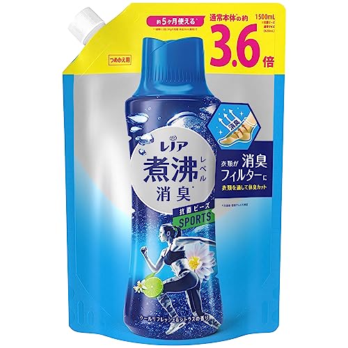 ・ 詰め替え 1500mL ・・Size:詰め替え 1500mL・いつもの洗剤・柔軟剤に加えるだけで、煮沸レベルの消臭力＋洗濯槽の防カビ効果・抗菌ビーズなら、洗濯した衣類がまるで「消臭フィルター」に着用中に服を通して汗臭・体臭をカットするから、汗をかいた後も外にニオイが広がらない・抗菌ビーズは、洗濯前に洗濯槽に直接入れるだけ縦式・ドラム式洗濯機のどちらでも使用できます・冷たい水やスピードコースでもしっかり溶けます・いろいろな柔軟剤とも香りの相性バツグン商品紹介 衣類が消臭フィルターに 衣類を通して体臭カット洗剤・柔軟剤では落ちないニオイに *1 煮沸レベルの消臭力 *2 衣類の体臭・加齢臭ブロック 12週間消臭力が続く *3 柔軟剤と比べて超吸水力 *4 洗濯槽の防カビ *5 約5ヶ月使える^　通常本体の約3.6倍 *1 当社洗剤・当社柔軟剤比 *2 洗濯後・部屋干しにて検証 *3 保管状態で　*4 当社柔軟剤比。複数回洗濯後 *5 既に付着していたカビや汚れを取り除くわけではありません ^1週間に2回、3Kgの洗濯(本品36mL使用)で 抗菌ビーズ通常サイズ（420mL） 原材料・成分 成分：安定化剤、香料、消臭剤、抗菌剤