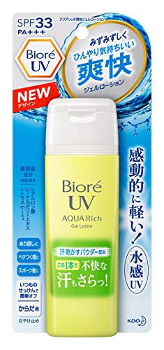 ・ 90ミリリットル (x 1) ・商品サイズ (幅×奥行×高さ) :83×31×191・内容量:90ml説明 商品紹介 感動的に軽い水感UVジェルローション。汗乾かすパウダー配合。この1本で、汗をかいたそばから乾かして、不快な汗のベタつきまでさらっと ひんや~~り水感覚でつけるたびに気持ちいいから、日中のぬり直しや、スポーツ後にも。美容液成分(ヒアルロン酸+ローヤルゼリーエキス+シトラスmix*)配合(保湿成分)。*オレンジエキス、グレープフルーツエキス、レモンエキス SPF33/PA+++からだ用 商品に関するお問合せ・ご意見は「花王消費者相談室」0120-165-692 受付時間:9:00~17:00(土・日・祝日は除く) ご注意（免責）必ずお読みください 商品について ・予告なくリニューアル等により商品及びパッケージ仕様・処方等が変更になる場合がございます。 画像についてのお断り ・画像および画面の性質上、実際のカラーとは異なる場合がございます。予めご了承願います。 ・お肌に合わないときは、ご使用をおやめください。 ・使用中や使用後に赤味、はれ、かゆみ、刺激等の異常があらわれた時は直ちに使用を中止し、皮膚科専門医等へのご相談をおすすめします。 ・目に入ったときは直ちに水で洗い流して下さい。 ・乳幼児の手の届かないところに保管して下さい。