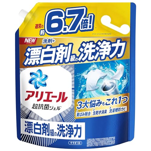 -/液体 詰め替え 3.03kg/-・パッケージ個数:1・1本で洗剤+漂白剤級の洗浄力 さらに生まれ変わったアリエールで黄ばみ除去、生乾き消臭、洗濯槽防カビの3つの悩みを一気に解決・1本で漂白剤級の洗浄力 手ごわい黄ばみも除去、さらに洗濯槽の防カビまでして徹底消臭・シャツや枕の黄ばみも、強洗浄で徹底消臭、洗剤だけで真っ白な洗い上がり。・生まれ変わったアリエールで、生乾き臭も一発消臭 さらに洗濯物を徹底抗菌。・洗濯槽のカビを防いで徹底消臭 液だれ防止キャップなので、あの嫌な液だれもしっかり防ぎます。商品紹介 アリエール 洗濯洗剤 液体 詰め替え メガジャンボサイズ 3.03kg 洗剤＋漂白剤級の洗浄力*黄ばみ・ニオイのもとも漂白剤なしで一発洗浄*1 洗濯槽のカビ防止 縦型洗濯機/ドラム式洗濯機OK 徹底抗菌*2 すすぎ1回 黄ばみ・しつこいニオイ・洗濯槽カビ防止 お洗濯の3大悩みに *人工皮脂汚れでの試験。当社液体洗剤と2022年3月時点の市場No.1酸素系液体漂白剤の併用での比較（P&G調べ）。汚れの度合いにより、汚れ落ちの程度は異なります。漂白剤は洗濯機直投入の条件でテスト。 *1 P&G調べ。汚れ・ニオイの度合で落ち方の程度は異なります。*2 すべての菌の増殖を抑えるわけではありません。 原材料・成分 界面活性剤（26％：ポリオキシエチレンアルキルエーテル、直鎖アルキルベンゼンスルホン酸塩、純せっけん分（脂肪酸塩））、安定化剤、アルカリ剤、分散剤、水軟化剤、蛍光増白剤、酵素