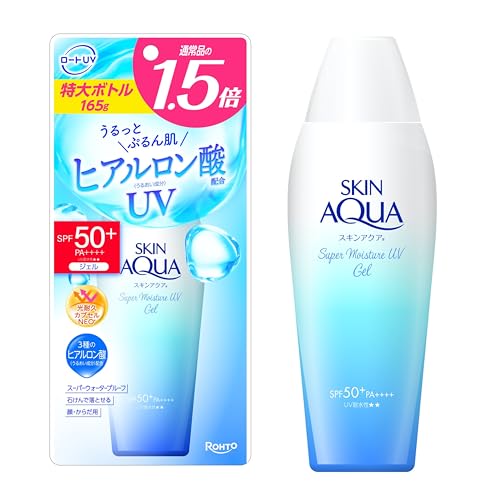 ー/-/-・PatternName:大容量165g・通常品の1.5倍、165グラムの大容量になります。・水膜ベールUV。全身にのばしやすいジェルタイプ・ヒアルロン酸(うるおい成分)配合保水処方。・無香料、無着色、鉱物油フリー、パラベンフリー。・SPF50+/PA++++商品紹介 優れたUVカット力と使用感の良さだけでなく、塗るたび肌がうるおう日やけ止め。乾燥から肌を保護する厳選された3種のヒアルロン酸配合水に強いスーパーウォータープルーフ。UV-A波・UV-B波まで、幅広い紫外線をブロックします。 全身にのばしやすいジェルタイプの日やけ止めSPF50+／PA++++／UV耐水性。 ：ヒアルロン酸Na、ヒアルロン酸ヒドロキシプロピルトリモニウム、加水分解ヒアルロン酸Na（うるおい成分） 原材料・成分 水、メトキシケイヒ酸エチルヘキシル、エタノール、BG、イソノナン酸イソノニル、ヒアルロン酸Na、加水分解ヒアルロン酸Na(超低分子ヒアルロン酸)、ヒアルロン酸ヒドロキシプロピルトリモニウム(肌吸着型ヒアルロン酸)、ビスエチルヘキシルオキシフェノールメトキシフェニルトリアジン、シリカ、ジエチルアミノヒドロキシベンゾイル安息香酸ヘキシル、コハク酸ジエトキシエチル、(アクリレーツ／アクリル酸アルキル(C10-30))クロスポリマー、ペンタイソステアリン酸ポリグリセリル-10、エチルヘキシルトリアゾン、TEA、ビスPEG-18メチルエーテルジメチルシラン、EDTA-2Na、キサンタンガム、フェノキシエタノール 使用方法 ●適量を肌にムラなくぬること。(ぬりムラを防ぐためには重ねぬりがおすすめ。)使用量が少ないと、充分な日やけ止め効果が得られません。 ●中身が衣服に直接つかないよう注意すること。 ●効果を保つため、こまめにぬりなおすこと。特に、海、山、スポーツ時など、汗をかいた時やタオルでふいた後は、ぬりなおすこと。 ●落とす時は、普段お使いの石けんや洗顔料・全身洗浄料などで洗い流すこと。 安全警告 ●傷、はれもの、湿疹等の異常のある時は使用しないこと。●肌に異常が生じていないかよく注意して使用すること。●使用中、又は使用後日光にあたって赤み、はれ、かゆみ、刺激、色抜け(白斑等)や黒ずみ等の異常が現れた時は使用を中止し、皮フ科専門医等へ相談すること。そのまま使用を続けると、症状が悪化することがある。●目に入らないよう注意し、入った時はすぐに洗い流すこと。なお、異常が残る場合は眼科医に相談すること。●高温・低温・直射日光を避け、乳幼児の手の届かない所に密栓して保管すること。●材質によっては落ちにくいことがあるため、衣服等につかないよう注意すること。万一、衣服についた場合はすぐに洗剤でていねいに洗うこと。