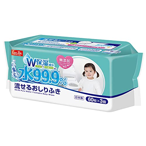 Baby Wipes - レック(LEC) 純水ベビーケア 99.9% トイレに流せる おしりふき 60枚×3個 (180枚) コラーゲン モモ葉エキス W保湿成分配合