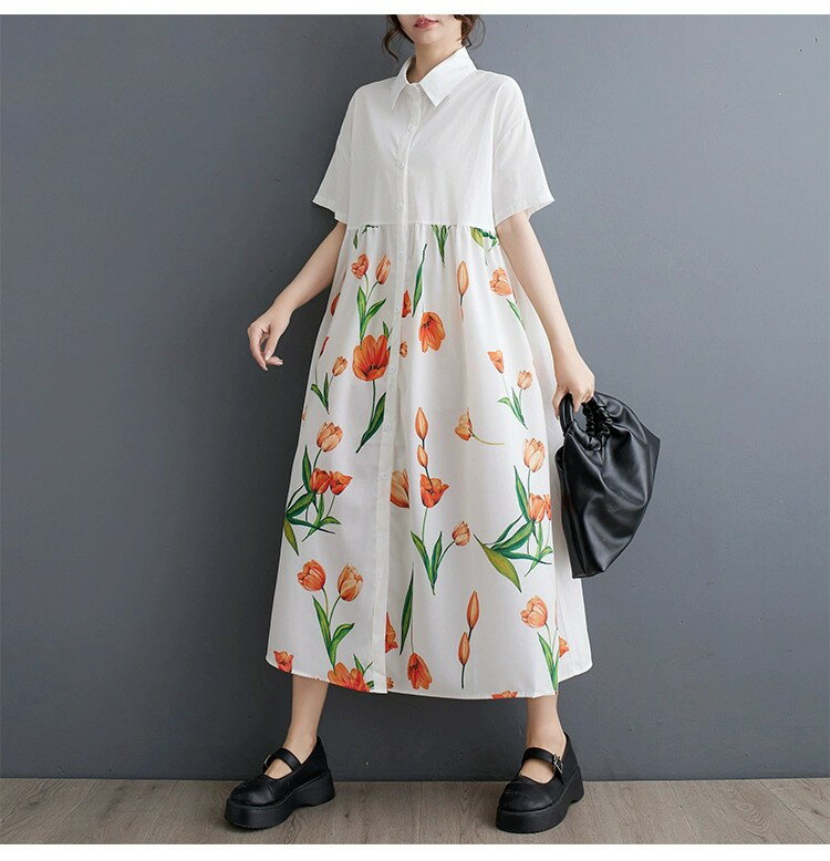 シャツワンピース 春夏 レディース 半袖 チュニック ワンピース ロングシャツ 切替え 羽織り 可愛い ロングワンピース 大きいサイズ ワンピ ロング スカート きれいめ ロングワンピ プリント チェックスカート シャツ アウター ロングスカート 体型カバー 着痩せ 上品 大人