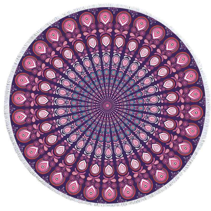 ビーチタオル マンダラ 円形 丸型 プリント フリンジ付き マイクロファイバー 大判 150cm レジャーシー..