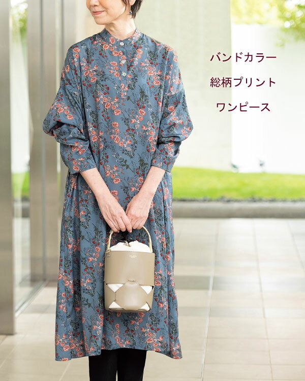 バンドカラー 総柄プリントワンピース 【送料無料・代引料無料】 ［花柄 ブラウスワンピース 大人可愛い バンドカラー ワンピース 7分袖 ローズプリント 韓国 シャツワンピース］
