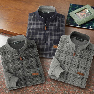 乐天商城 - CARBIA 裏起毛格子柄ハーフジップポロシャツ グレー/チャコール/ネイビー3色組 【送料無料】 ［ハーフジップ 裏起毛ポロシャツ 紳士用]