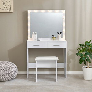 Rakuten - ＼ページ限定・マジッククロス付／　大型ミラードレッサー 女優ライト付き 幅75 MD-5846【送料無料】 ［LEDライト付き ドレッサー スツール付き]