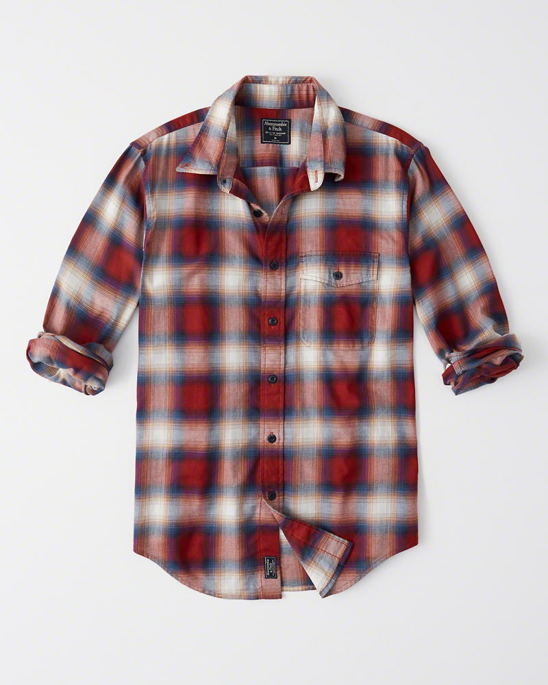 Abercrombie＆Fitch (アバクロンビー＆フィッチ) ストレッチ ボタンダウン チェックシャツ（長袖）(Stretch Plaid Shirt) メンズ (Red Plaid) 新品