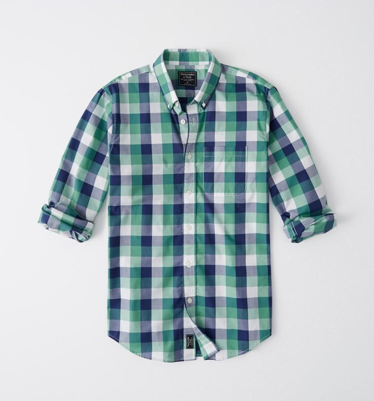 Abercrombie＆Fitch (アバクロンビー＆フィッチ) ストレッチ ボタンダウン チェックシャツ （長袖）(Check Poplin Shirt) メンズ (Green And Navy Blue Plaid) 新品