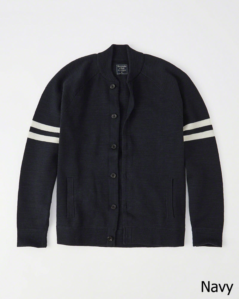 Abercrombie＆Fitch (アバクロンビー＆フィッチ) 袖ライン入 ボマー カーディガン (Varsity Bomber Cardigan) メンズ (Navy) 新品