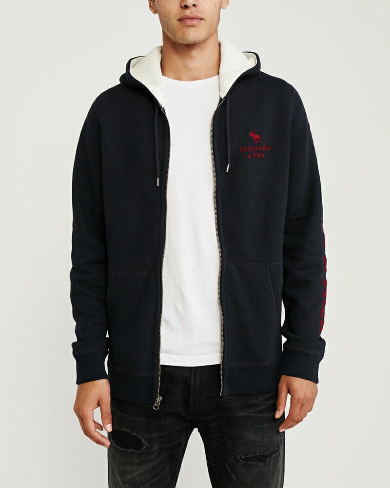 Abercrombie＆Fitch (アバクロンビー＆フィッチ)袖アップリケ ロゴ刺繍 フルジップパーカー（フーディー）(Full-Zip Hoodie) メンズ (Navy) 新品 日本未発売(softA&F)