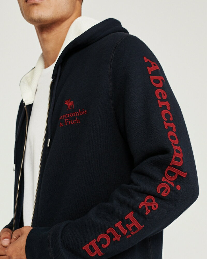 Abercrombie＆Fitch (アバクロンビー＆フィッチ)袖アップリケ ロゴ刺繍 フルジップパーカー（フーディー）(Full-Zip Hoodie) メンズ (Navy) 新品 日本未発売(softA&F)