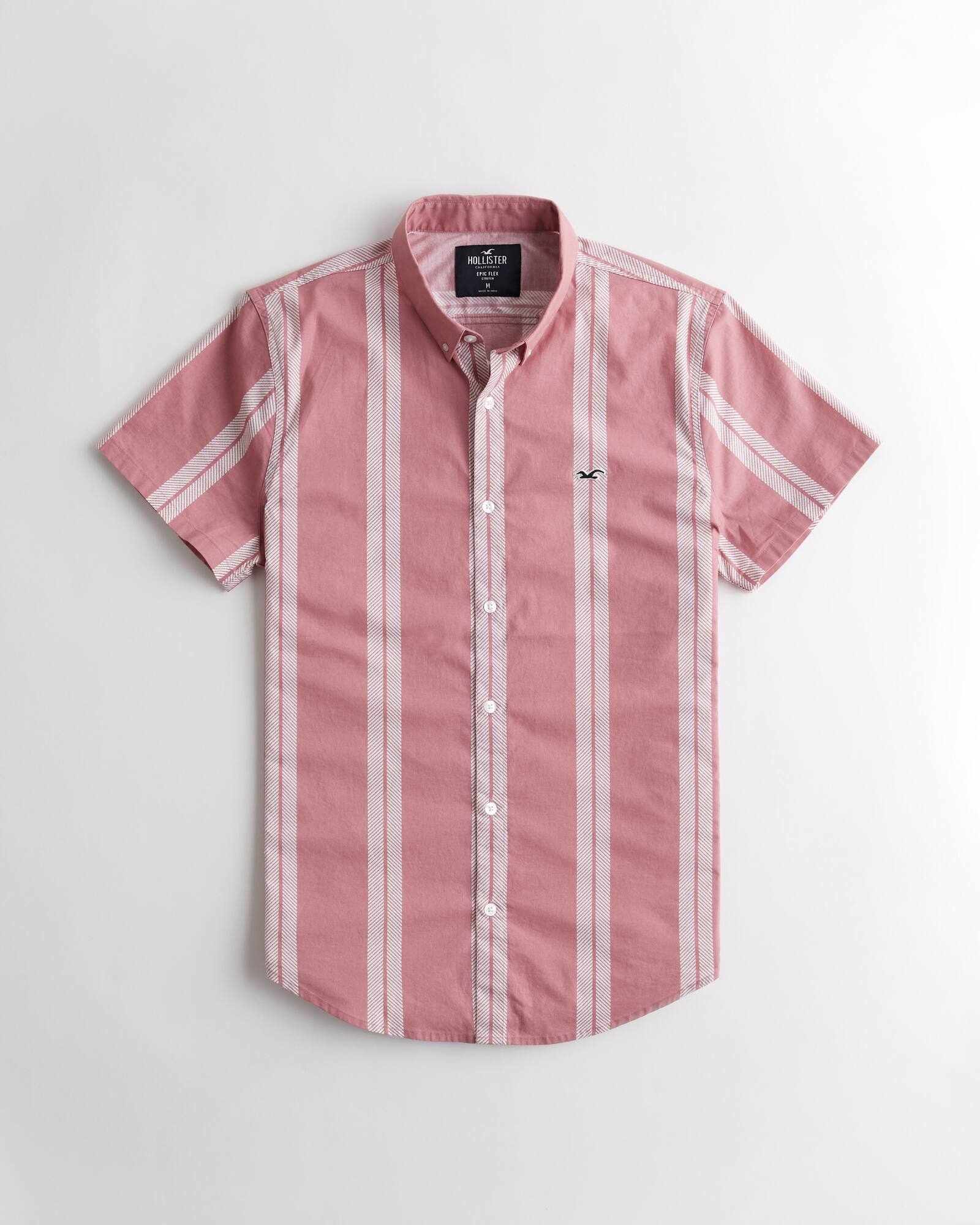 【6月中はエントリーで必ずP10倍 】 HOLLISTER Co. (ホリスター) ストレッチポプリン スリムフィットシャツ(Stretch Poplin Slim Fit Shirt) メンズ (Dark Coral Stripe) 新品