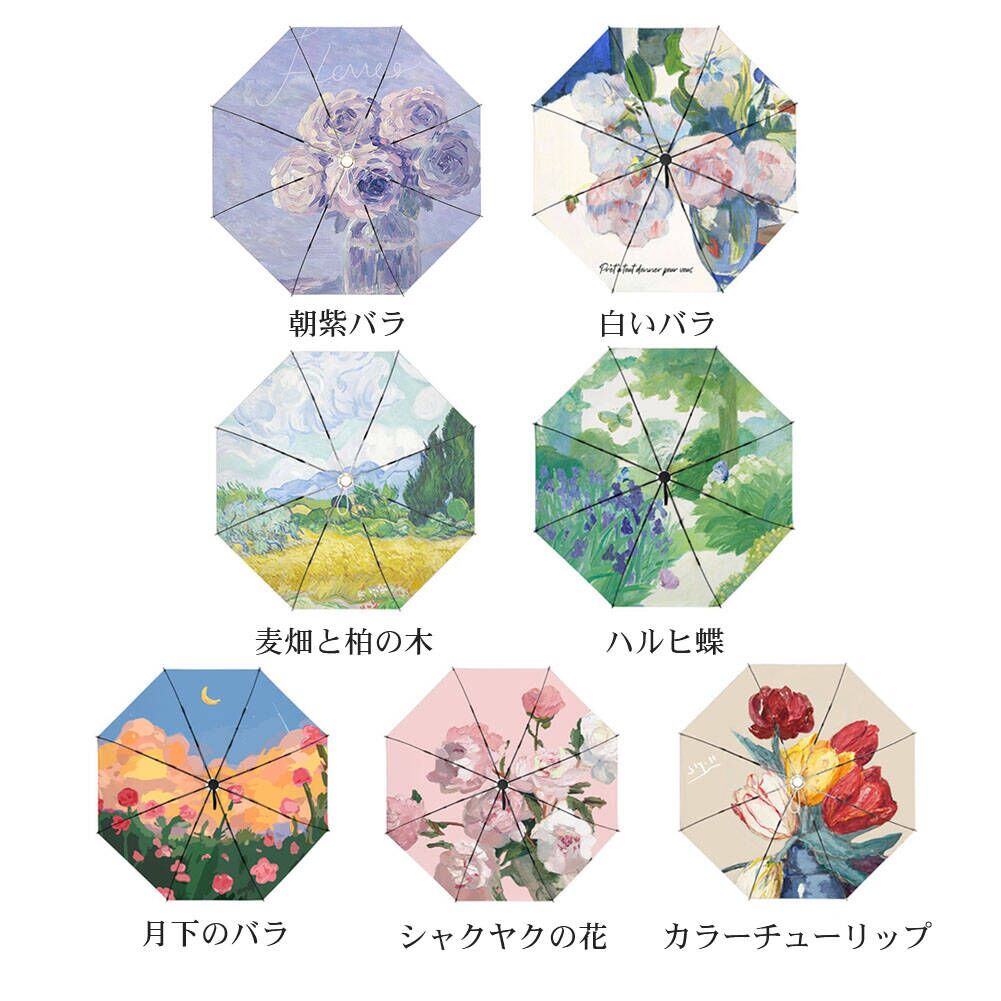 【送料無料】遮光 遮熱 UPF50+ 遮光率100％ 8本骨 ワンタッチ 自動傘 晴雨兼用 超軽量 花柄 油絵柄 自動開閉 UVカット 完全遮光 折りたたみ