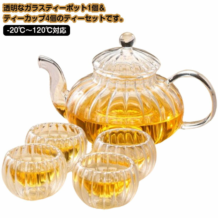【送料無料】-20℃〜120℃対応 ハーブティー 花茶 急須 ガラス製ポット 茶こし付 ティーカップ4個 緑茶 耐熱ガラス ティーポット