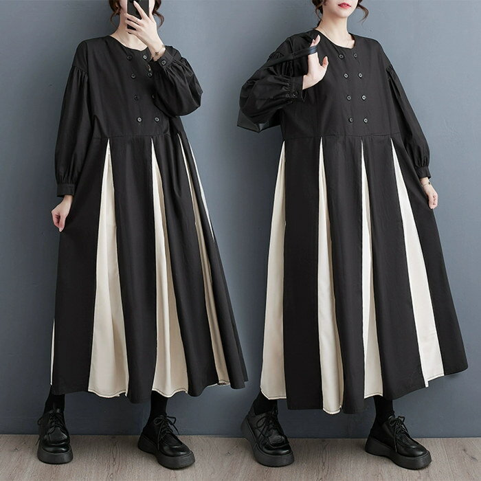【送料無料】切替え プリント ロングワンピース きれいめ シャツワンピ ワンピース 大きいサイズ ロング 春秋 シャツワンピース 長袖