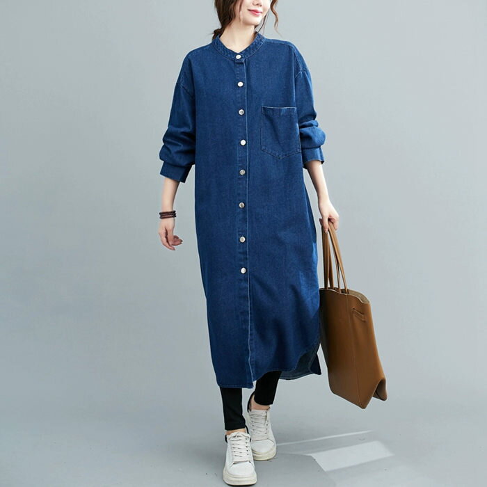 【送料無料】トップス ロングシャツ ジャケット レディース ステンカラーコート 長袖 アウター 秋 ロングコート ワンピース デニム