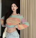 【送料無料】ニット セーター 長袖 トップス カットソー 短い 短め へそ出し セクシー カラフル 虹 ダンス 衣装 ヒップホップ