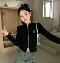 【送料無料】2色 長袖 前開き 短め 短い ロゴ ブラック 黒 グレー ジップアップ トレーナー チャック トップス カットソー