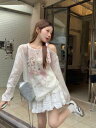 【送料無料】個性的 ストリート ガールズ レディース 肩出し 水玉 ネコ 猫 リボン Tシャツ 透け感 長袖 カットソー トップス