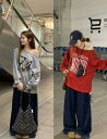【送料無料】衣装 ダンス シンプル ゆったり 大きいサイズ ビッグ レッド グレー トレーナー カットソー トップス 肩出し ロゴ