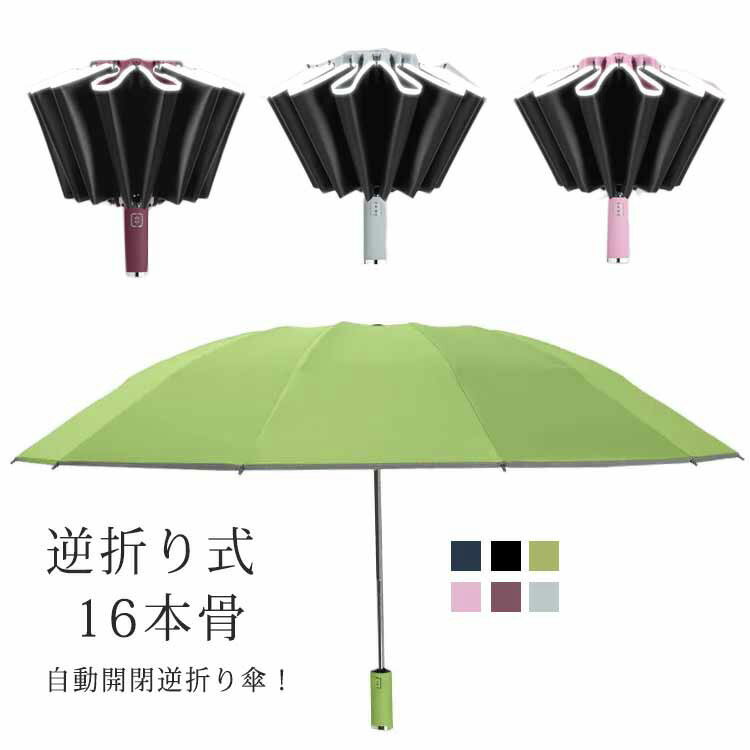 【送料無料】超撥水 耐風 強靭傘 ビッグサイズ 雨傘 反射テープ付 逆さ傘 自動開閉 ワンタッチ 日傘 遮光 晴雨兼用 16本骨 逆折り式