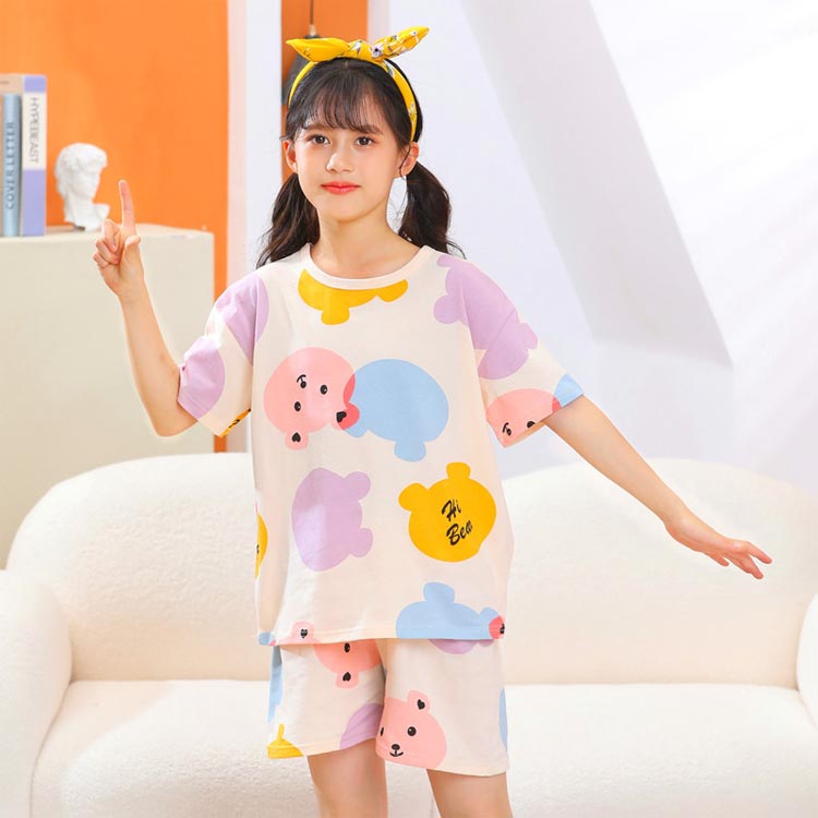nu_BEの半袖 女の子 子供パジャマ おしゃれ 夏 パジャマ 綿 ナイトウェア ルームウェア 上下セット 薄手 コットン 部屋着 くま柄 うさぎ柄 セットアップ プルオーバー 可愛い 寝巻き 130 90 100 110 120 140 子供パジャマ 150 キッズ｜アングル2