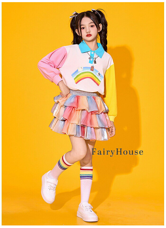nu_BEのキッズダンス衣装 秋 冬 セットアップ 運動会 子供服 演出服 団体服 女の子(Tシャツ＋スカート) 男の子(Tシャツ＋パンツ) かわいい 虹色 チアガール衣装 長袖 ラペル 小学校 体育祭 学園祭 写真撮影 発表会 チームお揃い ダンスイベント 110 120 130 140 150 160 170 180｜アングル3