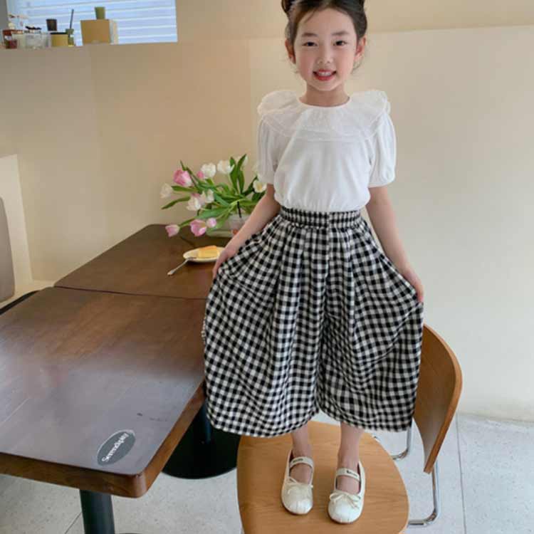 ガウチョパンツ ワイドパンツ ガウチョパンツ チェック柄 薄手 キッズ スカーチョ ロングパンツ 女の子 ボトムス ジュニア 子供服 ウエストゴム スカーチョ ロングキュロット 長ズボン ひらひら 無地 ガーリー おしゃれ キュート 着回し お出かけ 通学 100-150cm - 2