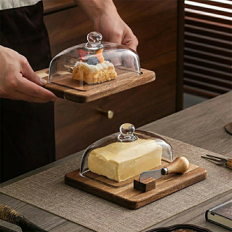 バターディッシュ バターケース 保存容器 ケーキスタンド ドーム蓋付 ケーキフード バターディッシュ 木製トレー ナイフ付き バターボックス 木製蓋 クリア ケース バター入れ バターナイフ ボックス 保存 お菓子作り カット 簡単 便利 調理 パン 北 3