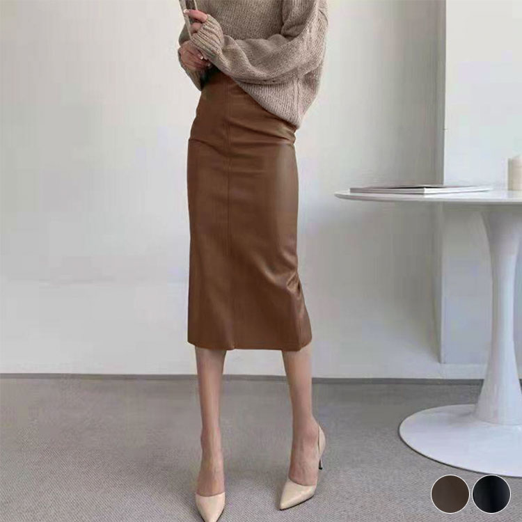 レザースカート レディース タイト ミモレ丈 セミロング丈 レザー フェイクレザー タイトスカート ハイウエスト スリット おしゃれ セクシー 上品 エレガント 黒 ブラウン 韓国 nu-be-10026007 nu_BE パッケージ画像