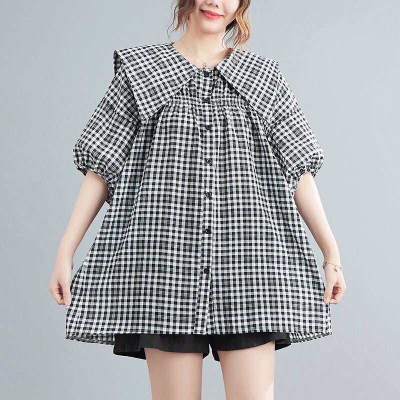 nu_BEのチュニック シャツ 半袖 夏 白シャツ セーラーカラー リネン 半袖シャツ レディース チェック パフ袖 シャツブラウス トップス チェック柄 チェックシャツ 体型カバー ブラウス 大きいサイズ ゆったり 夏 綿麻 夏シャツ 5分袖 チュニック シャツ 可愛い 通勤 通学 送料無料｜アングル3