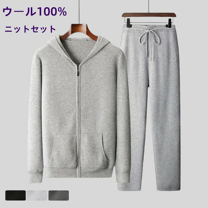 ウール100 セーター セットアップ フード付き 長袖 ウールセーター 上下セット メンズ ニット ウェアトップス パンツ 2点セット 着痩せ 柔らか ニットセット シンプル 無地 通勤 男性 体型カバー 黒 灰 3色 防寒 暖か 秋冬 プレゼント ギフト 父の日 クリスマスプレゼント