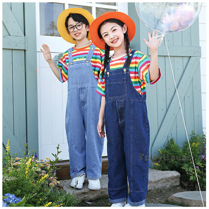 nu_BEのサロペットパンツ デニムパンツ ダンスパンツ オーバーオール キッズ ダンス衣装 男女兼用 デニム サロペット 演出服 舞台 団体服 応援団 女の子 男の子 オーバーオール 発表会 運動会 春 夏 秋 冬 応援団 社交ダンス ストリートダンス 練習着 普段着 100-180｜アングル2