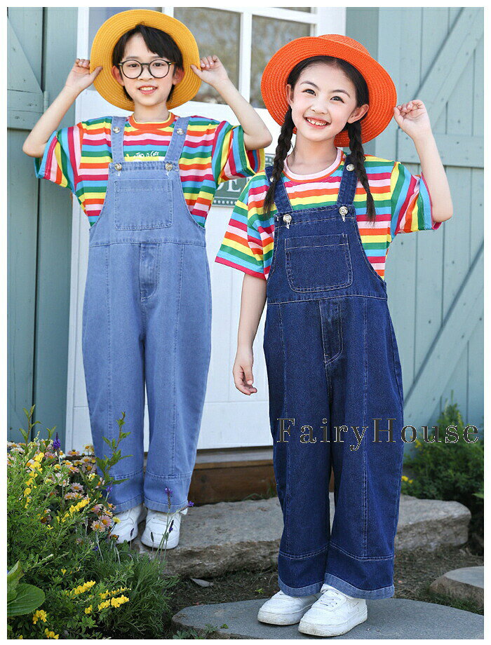 nu_BEのサロペットパンツ デニムパンツ ダンスパンツ オーバーオール キッズ ダンス衣装 男女兼用 デニム サロペット 演出服 舞台 団体服 応援団 女の子 男の子 オーバーオール 発表会 運動会 春 夏 秋 冬 応援団 社交ダンス ストリートダンス 練習着 普段着 100-180｜アングル3