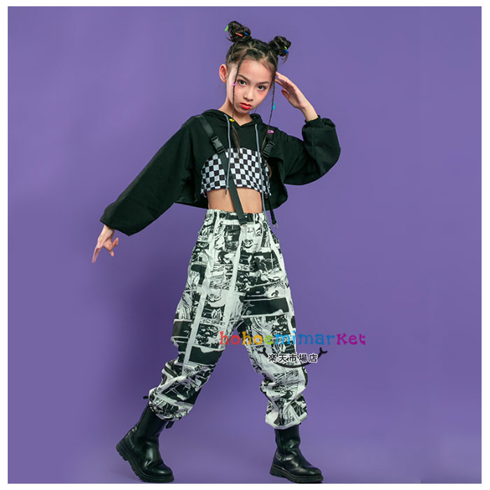 ダンス衣装 女の子 ヒップホップ トップス hiphop K-pop 舞台 団体服 演出服 応援団 キッズ へそ出し チアリーディング 長袖 パーカー+キャミソール チェック柄 おしゃれ ダンスウェア ヒップホップ ステージ衣装 jazz 原宿系 体育祭 文化祭 学園祭 110-180
