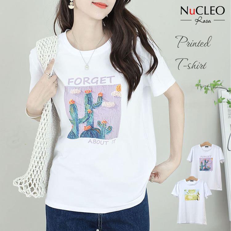 【メール便送料無料】ラウンドネック半袖プリントTシャツ◆レディース tシャツ カットソー プリント 半袖 綿 コットン トップス ナチュラル ラウンドネック 丸首 春夏 上品 大人 30代 40代 50代◆
